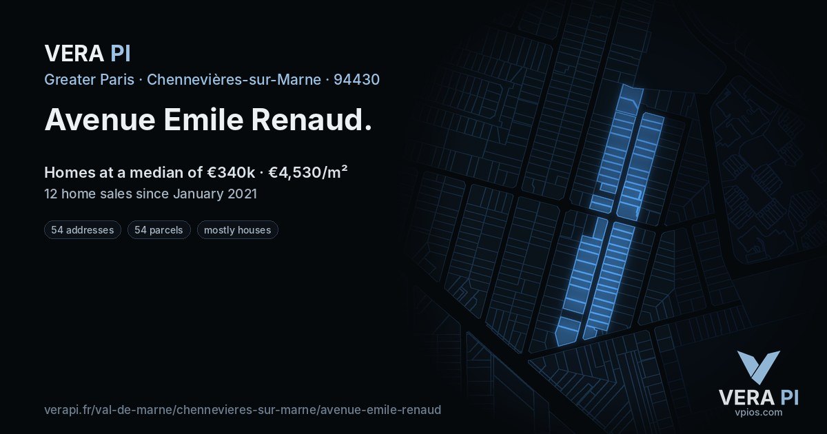Avenue Emile Renaud, Chennevières-sur-Marne at night – every parcel coloured by the prices around it, the street's own parcels lit