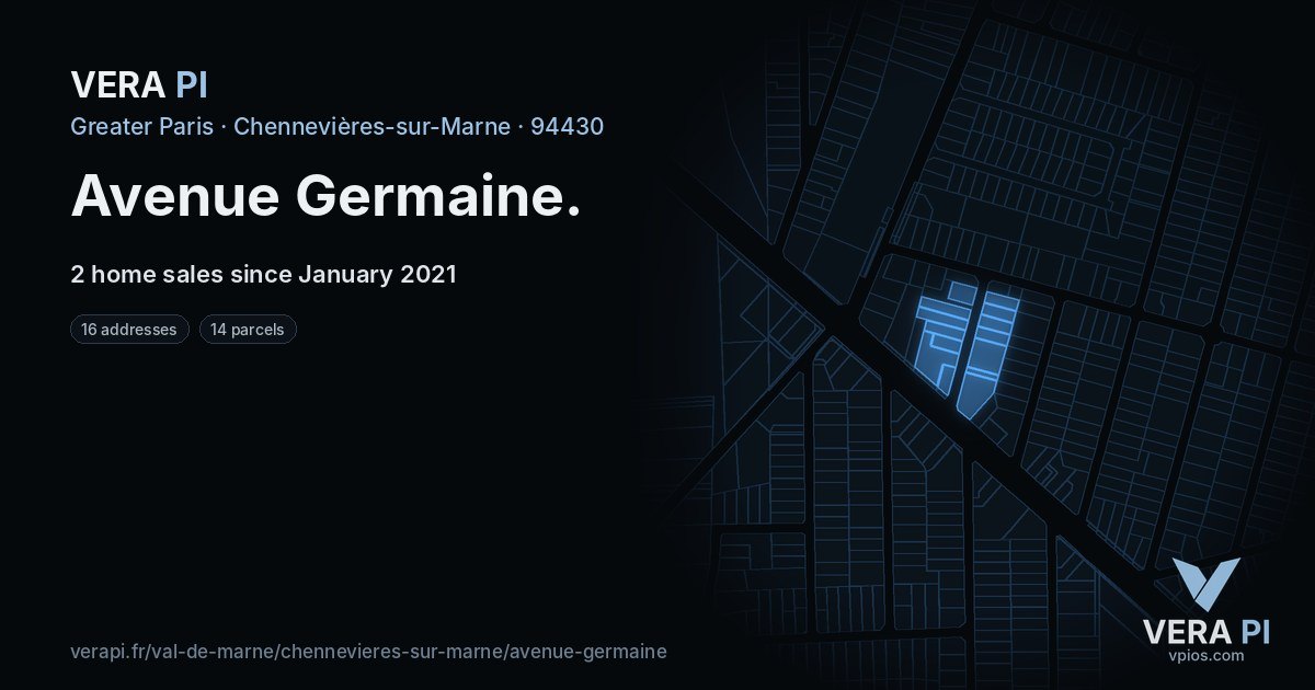 Avenue Germaine, Chennevières-sur-Marne at night – every parcel coloured by the prices around it, the street's own parcels lit