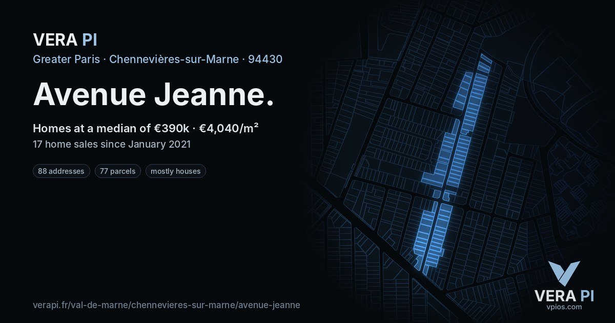 Avenue Jeanne, Chennevières-sur-Marne at night – every parcel coloured by the prices around it, the street's own parcels lit