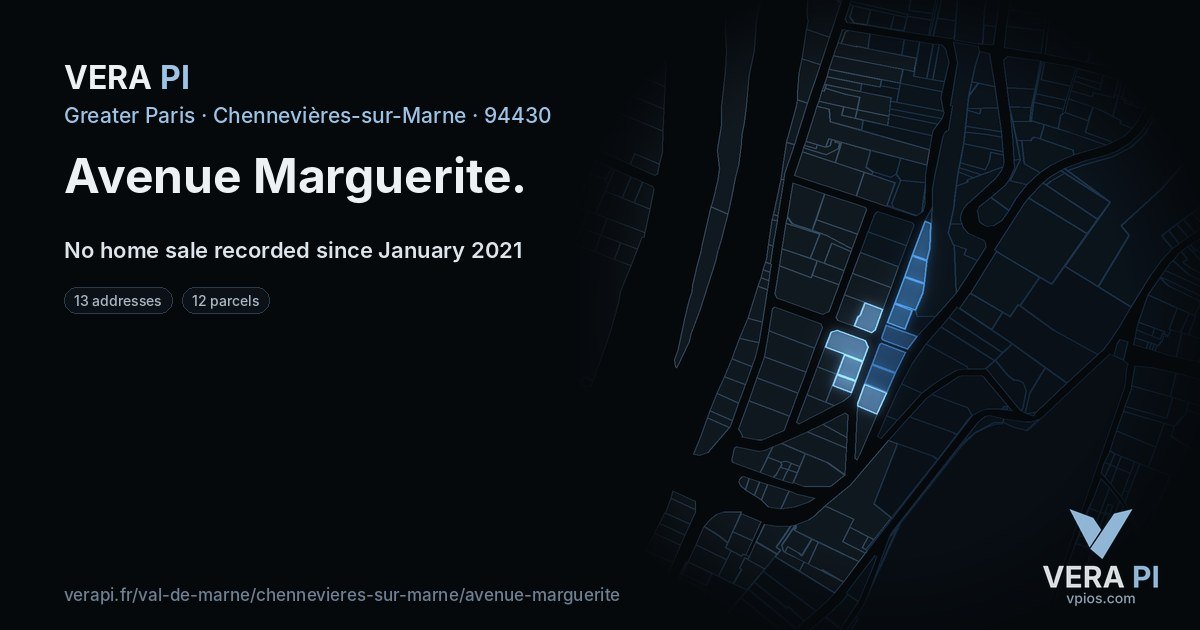 Avenue Marguerite, Chennevières-sur-Marne at night – every parcel coloured by the prices around it, the street's own parcels lit