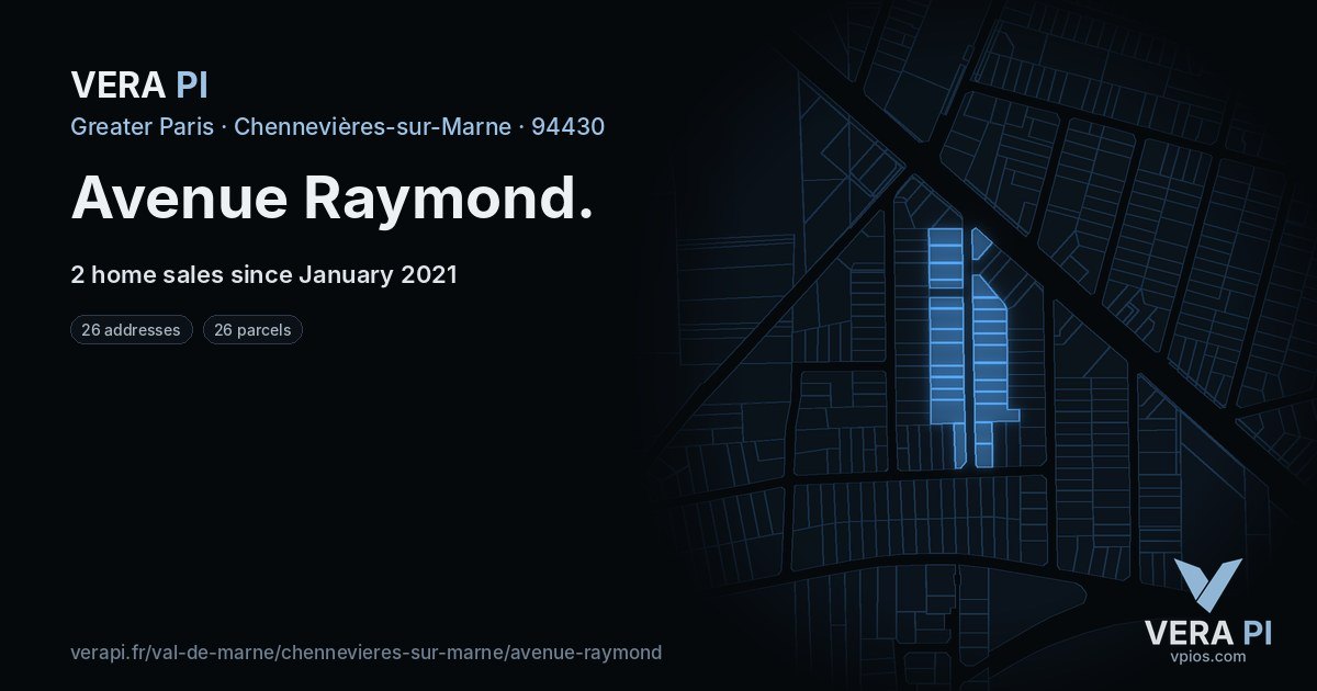 Avenue Raymond, Chennevières-sur-Marne at night – every parcel coloured by the prices around it, the street's own parcels lit