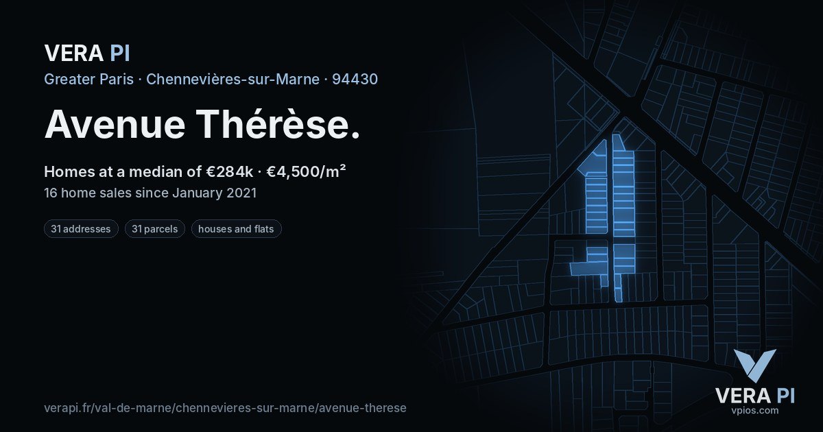 Avenue Thérèse, Chennevières-sur-Marne at night – every parcel coloured by the prices around it, the street's own parcels lit