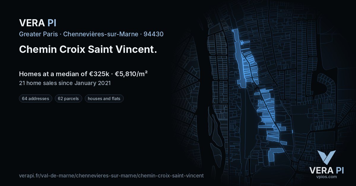 Chemin Croix Saint Vincent, Chennevières-sur-Marne at night – every parcel coloured by the prices around it, the street's own parcels lit