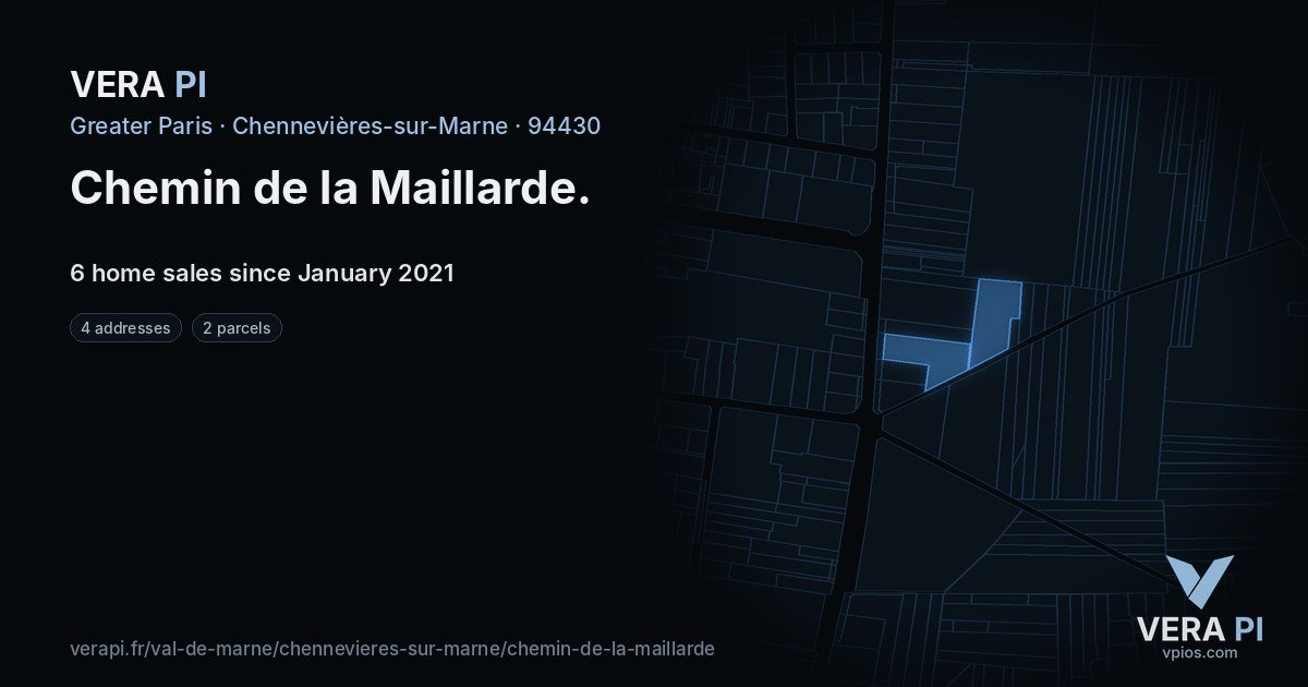 Chemin de la Maillarde, Chennevières-sur-Marne at night – every parcel coloured by the prices around it, the street's own parcels lit