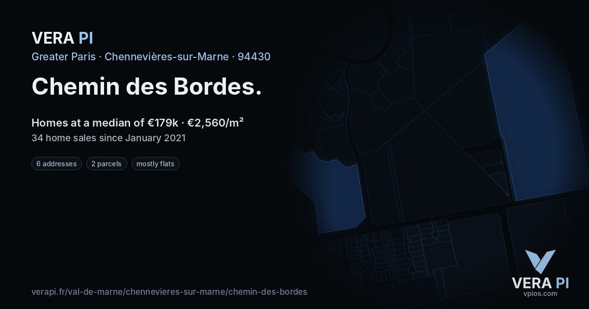 Chemin des Bordes, Chennevières-sur-Marne at night – every parcel coloured by the prices around it, the street's own parcels lit
