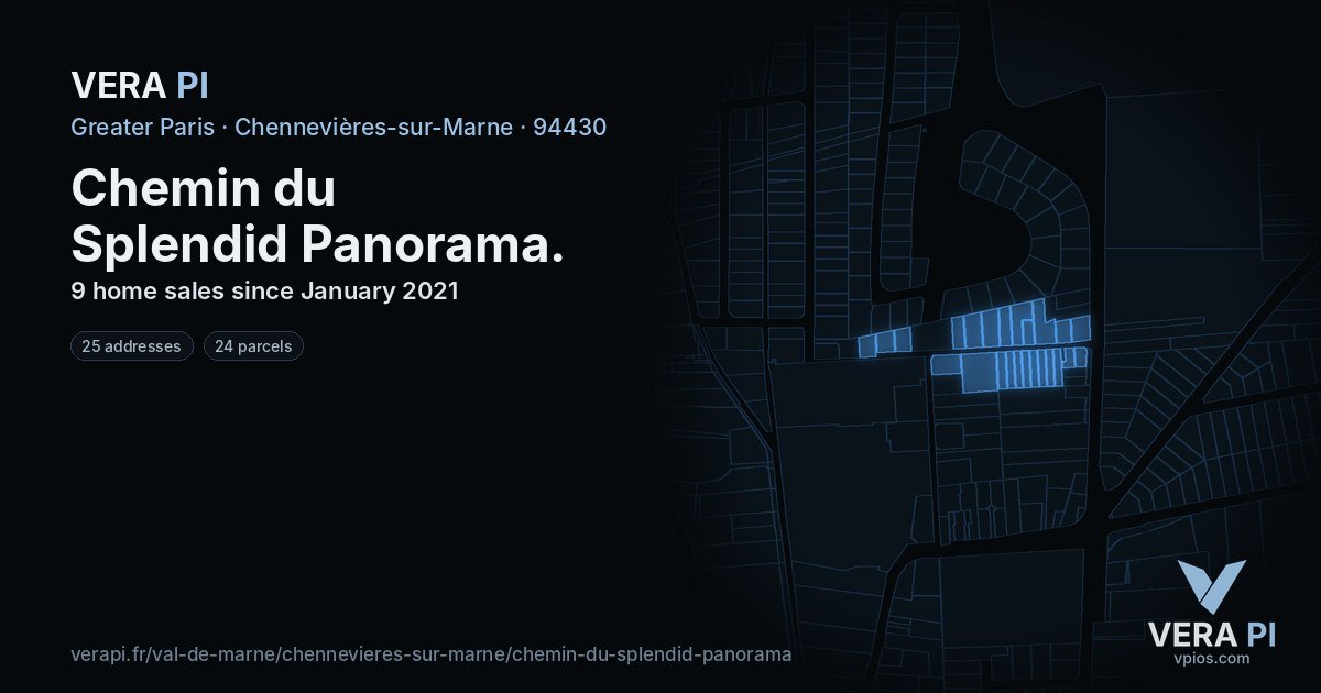 Chemin du Splendid Panorama, Chennevières-sur-Marne at night – every parcel coloured by the prices around it, the street's own parcels lit