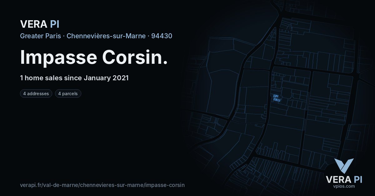 Impasse Corsin, Chennevières-sur-Marne at night – every parcel coloured by the prices around it, the street's own parcels lit