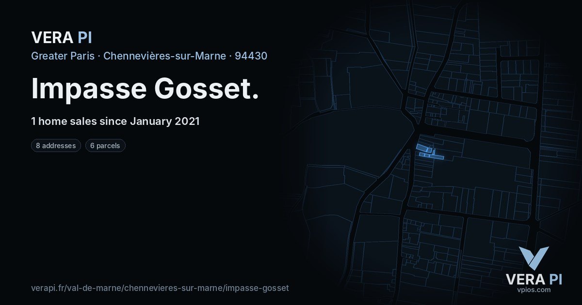 Impasse Gosset, Chennevières-sur-Marne at night – every parcel coloured by the prices around it, the street's own parcels lit