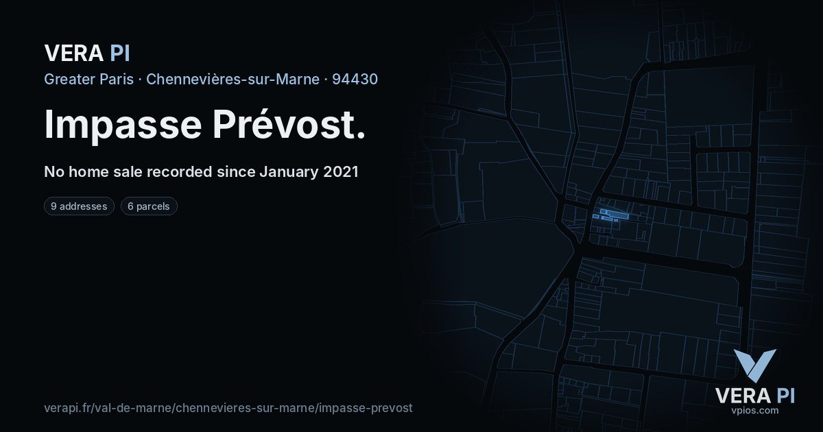Impasse Prévost, Chennevières-sur-Marne at night – every parcel coloured by the prices around it, the street's own parcels lit