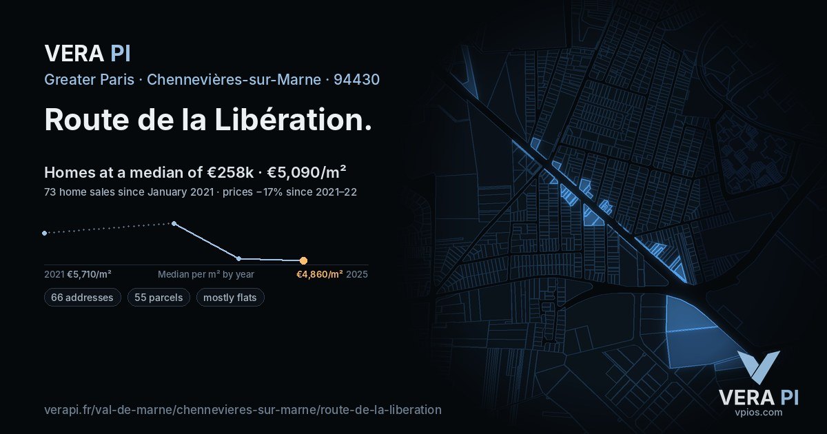 Route de la Libération, Chennevières-sur-Marne at night – every parcel coloured by the prices around it, the street's own parcels lit
