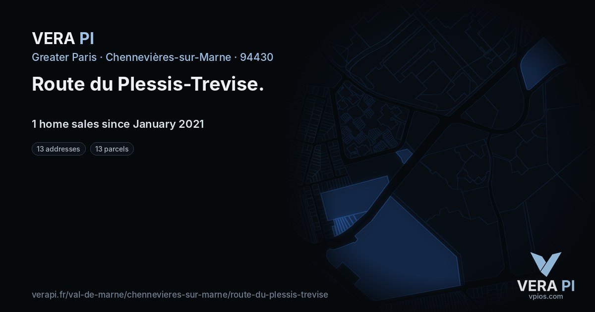Route du Plessis-Trevise, Chennevières-sur-Marne at night – every parcel coloured by the prices around it, the street's own parcels lit