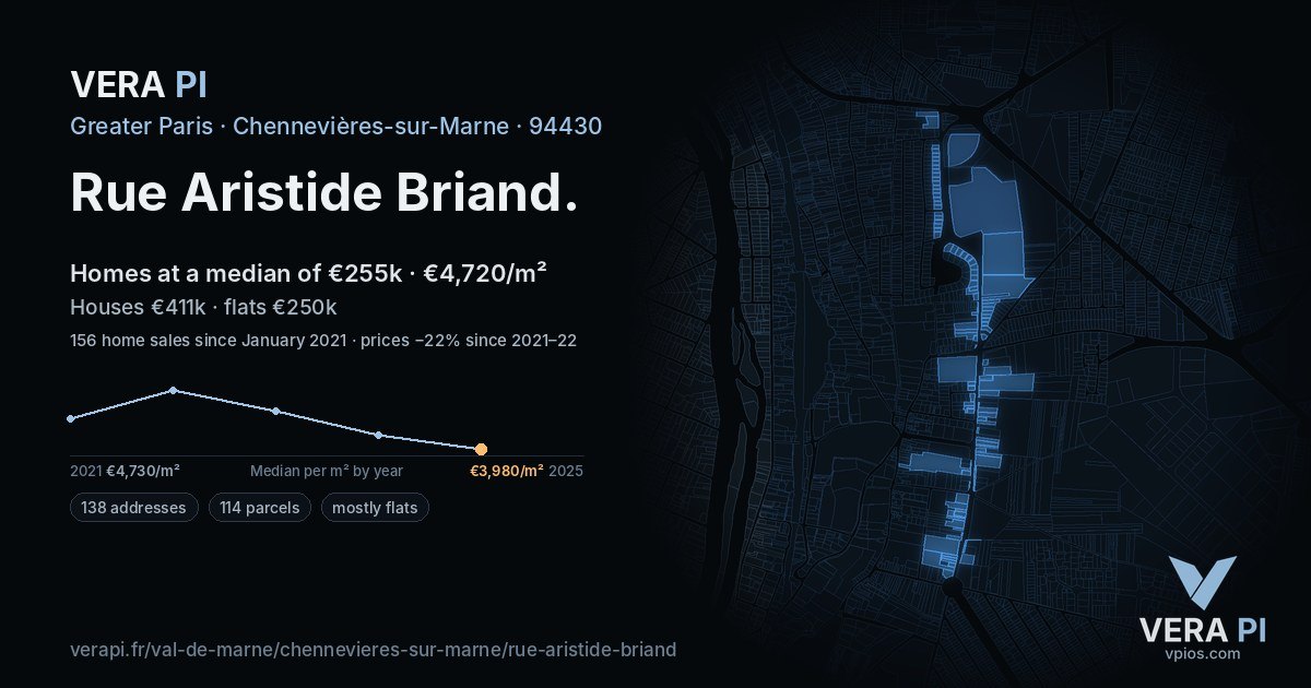 Rue Aristide Briand, Chennevières-sur-Marne at night – every parcel coloured by the prices around it, the street's own parcels lit