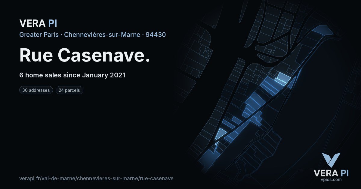 Rue Casenave, Chennevières-sur-Marne at night – every parcel coloured by the prices around it, the street's own parcels lit