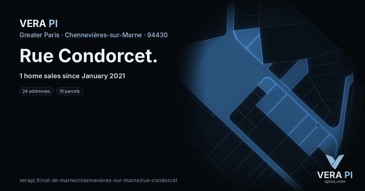 Rue Condorcet, Chennevières-sur-Marne at night – every parcel coloured by the prices around it, the street's own parcels lit