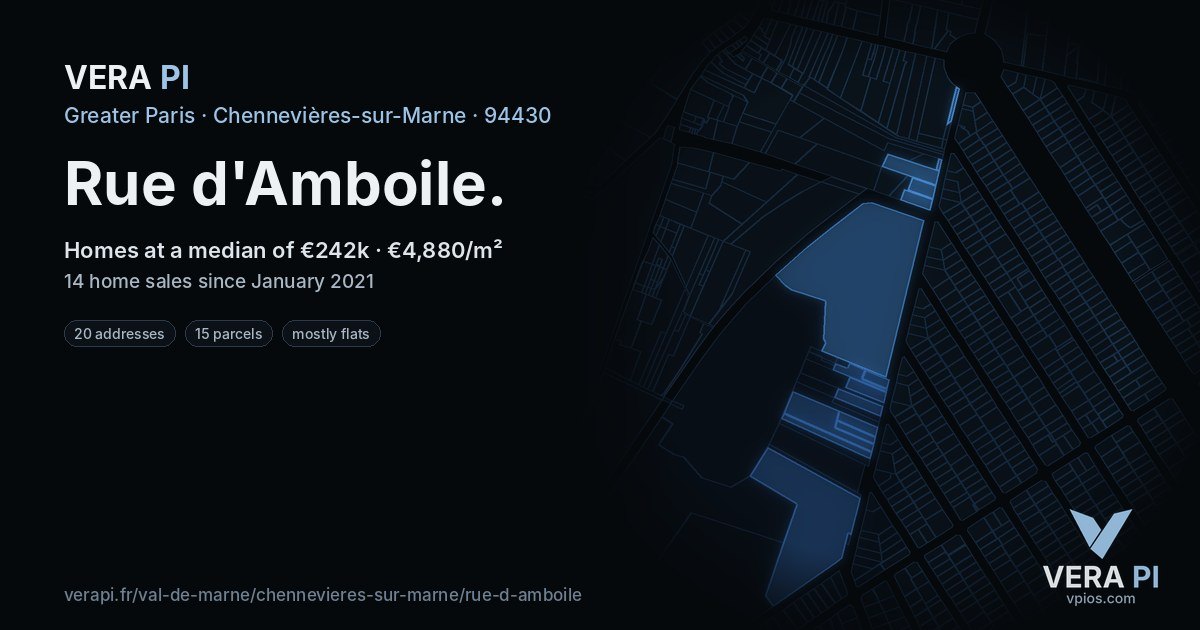 Rue d'Amboile, Chennevières-sur-Marne at night – every parcel coloured by the prices around it, the street's own parcels lit