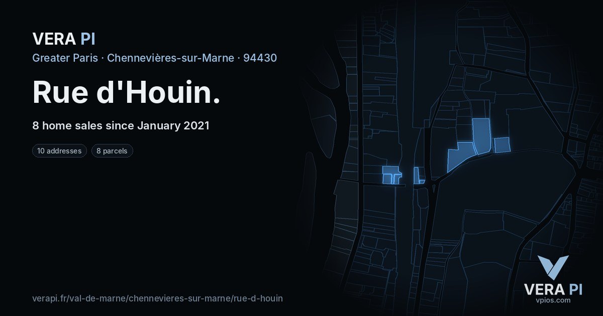 Rue d'Houin, Chennevières-sur-Marne at night – every parcel coloured by the prices around it, the street's own parcels lit