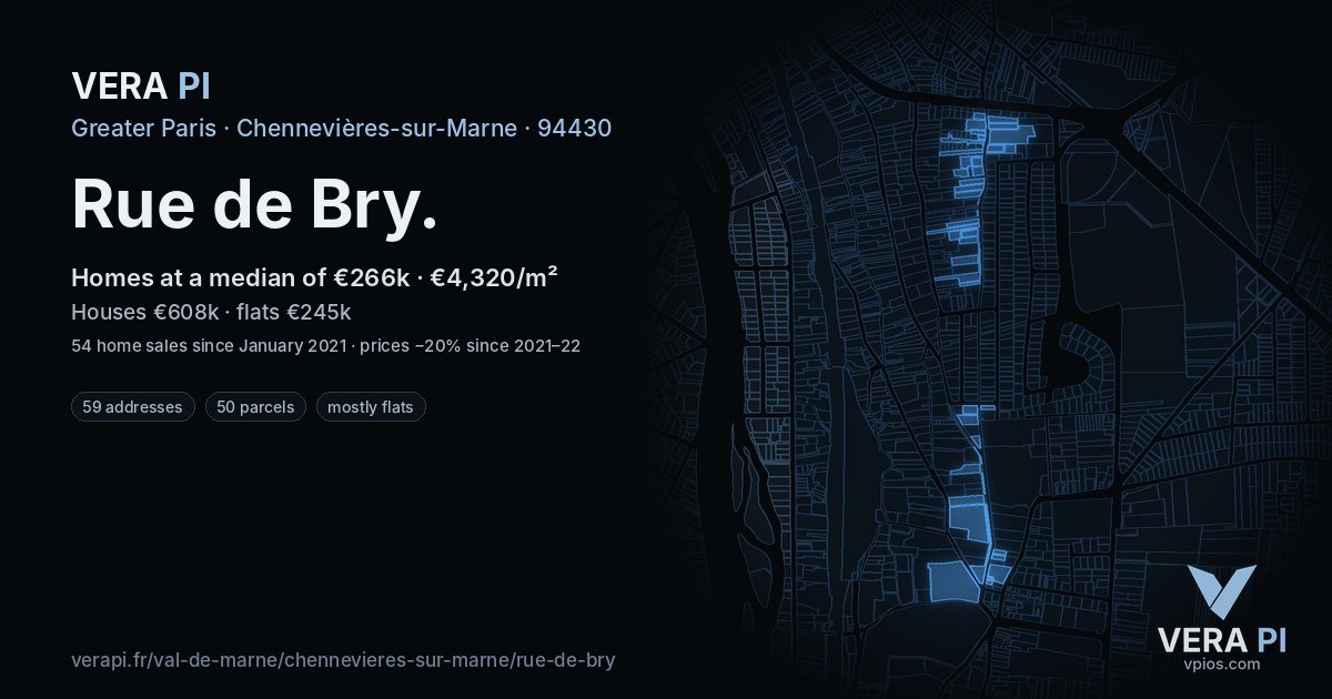 Rue de Bry, Chennevières-sur-Marne at night – every parcel coloured by the prices around it, the street's own parcels lit