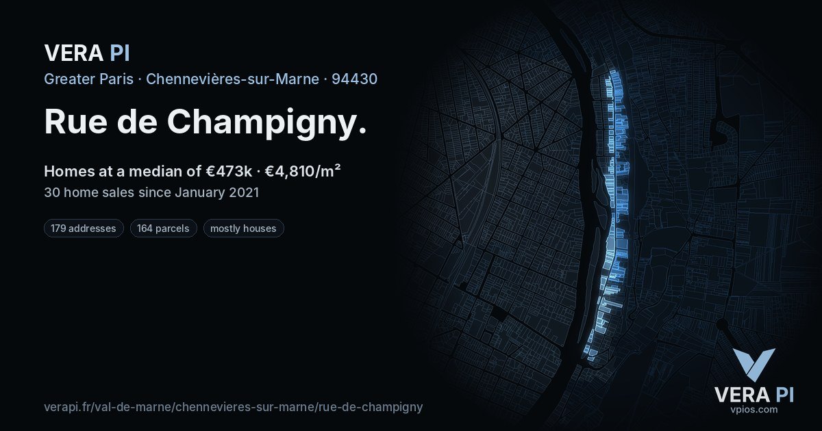 Rue de Champigny, Chennevières-sur-Marne at night – every parcel coloured by the prices around it, the street's own parcels lit