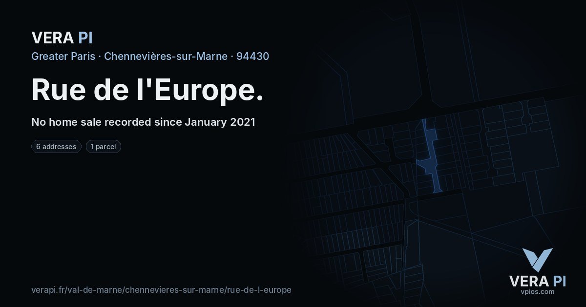 Rue de l'Europe, Chennevières-sur-Marne at night – every parcel coloured by the prices around it, the street's own parcels lit