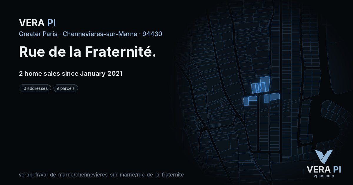 Rue de la Fraternité, Chennevières-sur-Marne at night – every parcel coloured by the prices around it, the street's own parcels lit