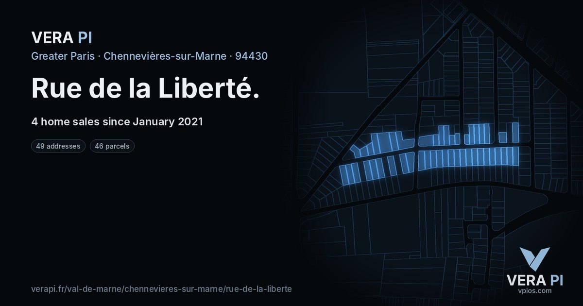 Rue de la Liberté, Chennevières-sur-Marne at night – every parcel coloured by the prices around it, the street's own parcels lit