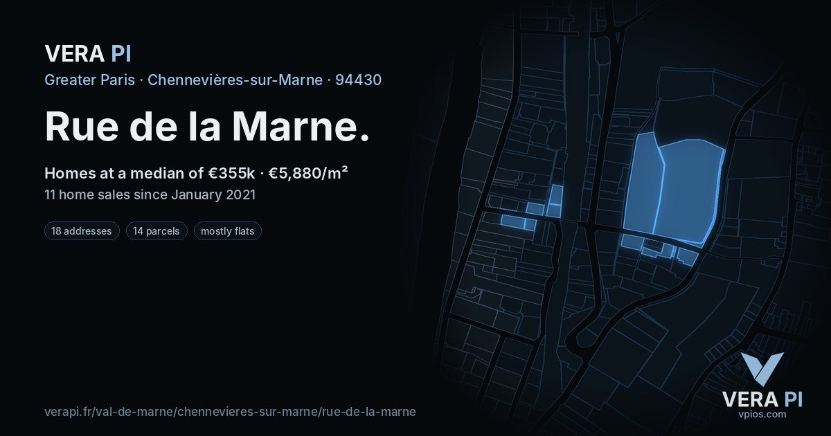 Rue de la Marne, Chennevières-sur-Marne at night – every parcel coloured by the prices around it, the street's own parcels lit