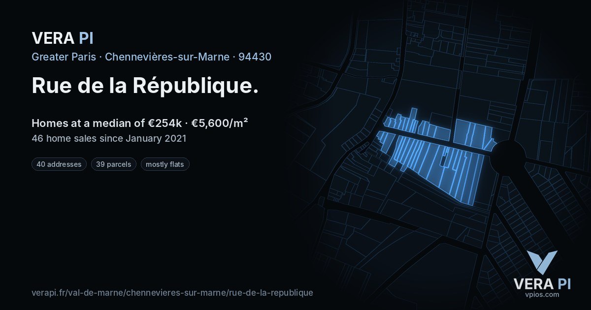 Rue de la République, Chennevières-sur-Marne at night – every parcel coloured by the prices around it, the street's own parcels lit