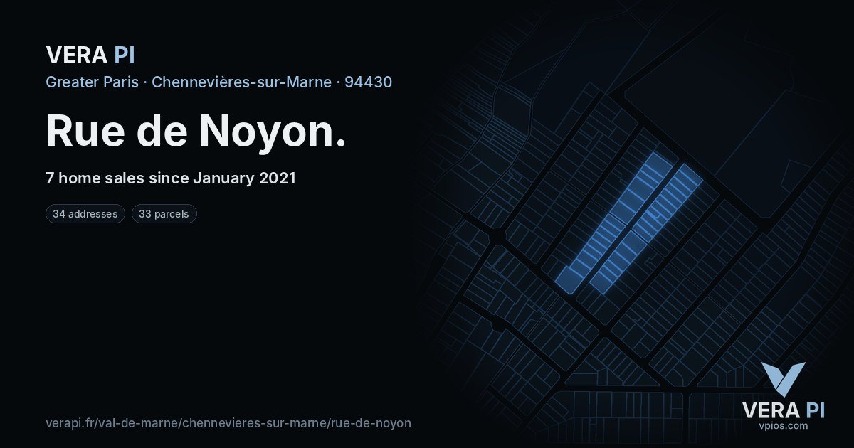 Rue de Noyon, Chennevières-sur-Marne at night – every parcel coloured by the prices around it, the street's own parcels lit