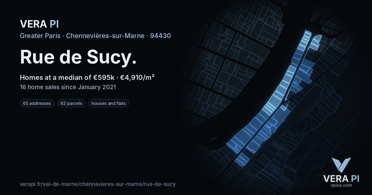 Rue de Sucy, Chennevières-sur-Marne at night – every parcel coloured by the prices around it, the street's own parcels lit