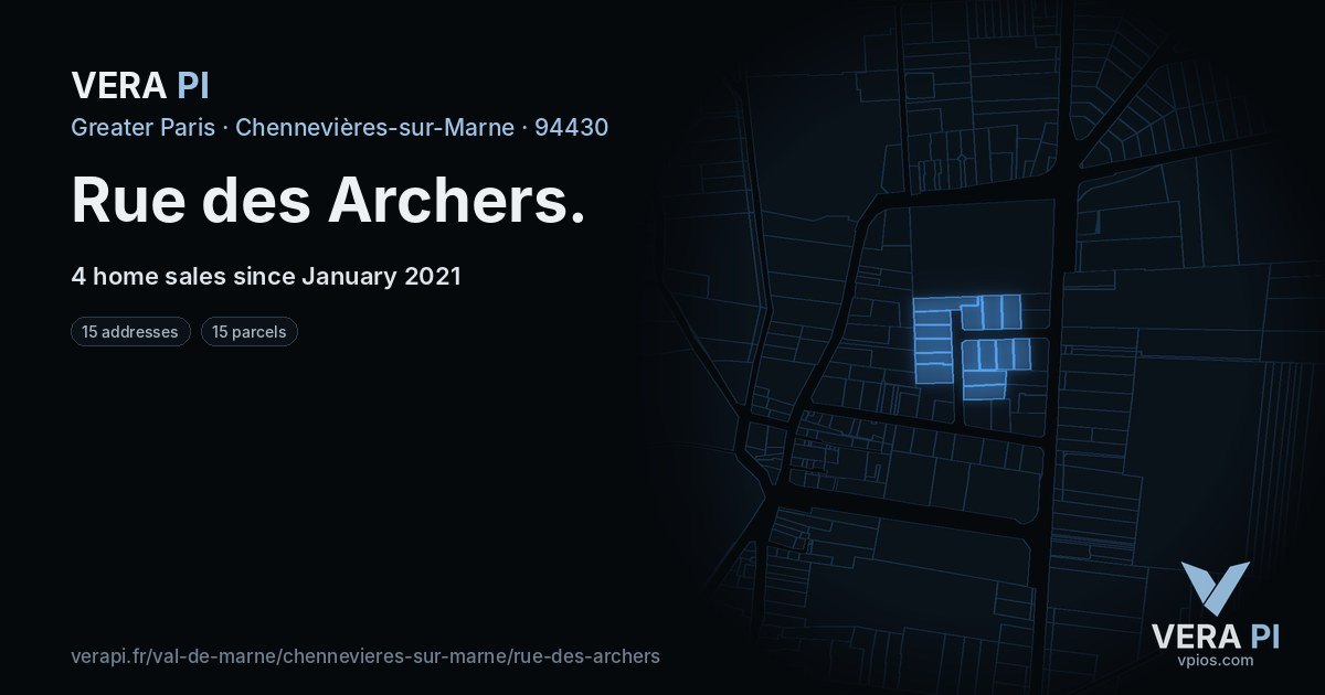 Rue des Archers, Chennevières-sur-Marne at night – every parcel coloured by the prices around it, the street's own parcels lit
