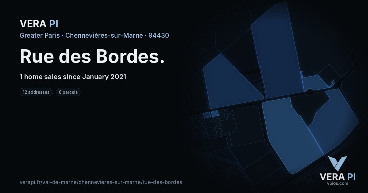 Rue des Bordes, Chennevières-sur-Marne at night – every parcel coloured by the prices around it, the street's own parcels lit