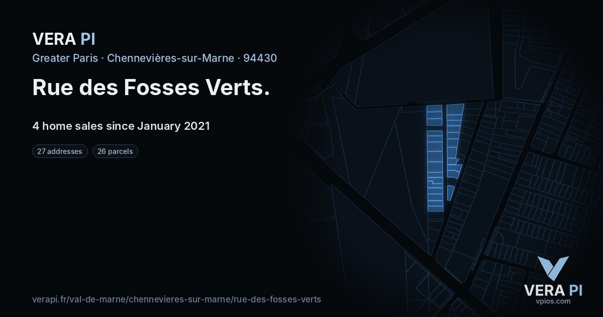 Rue des Fosses Verts, Chennevières-sur-Marne at night – every parcel coloured by the prices around it, the street's own parcels lit