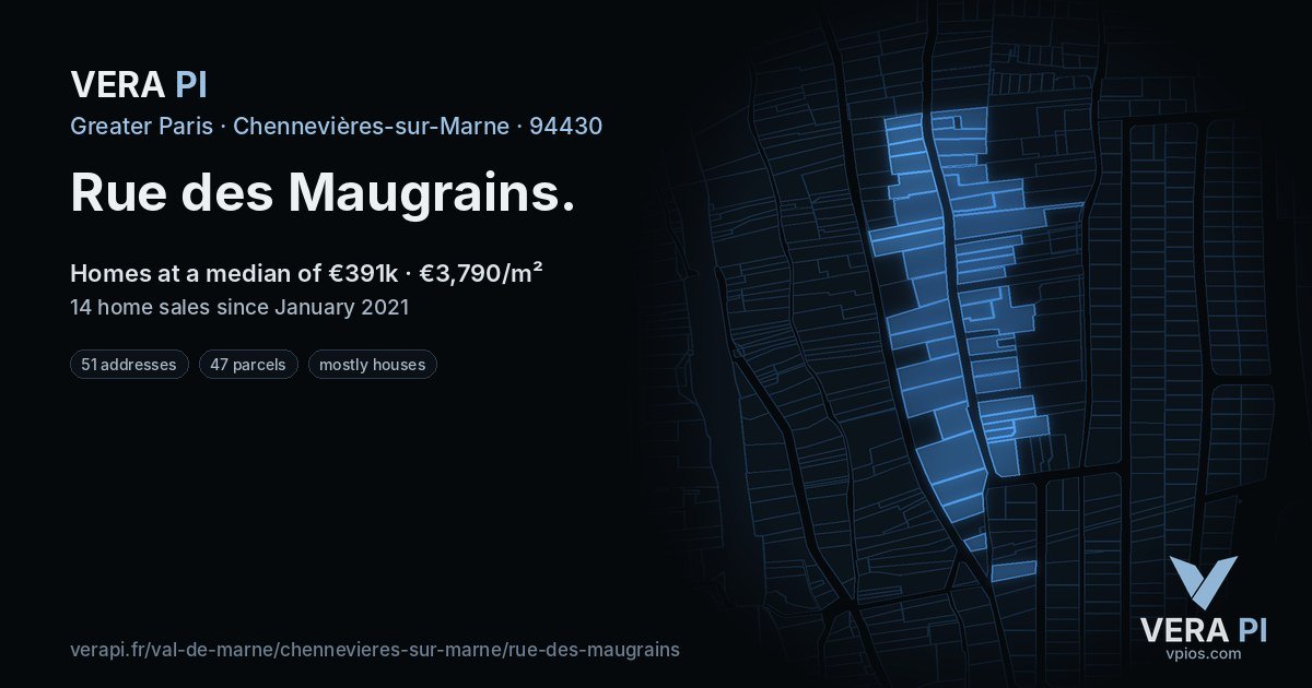 Rue des Maugrains, Chennevières-sur-Marne at night – every parcel coloured by the prices around it, the street's own parcels lit