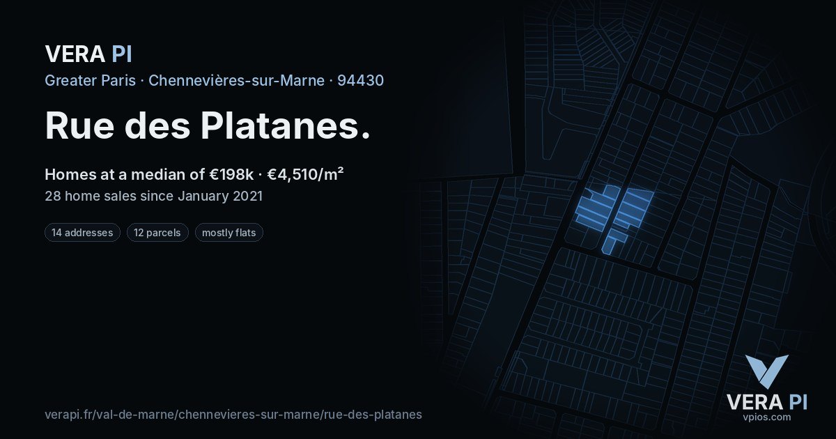 Rue des Platanes, Chennevières-sur-Marne at night – every parcel coloured by the prices around it, the street's own parcels lit