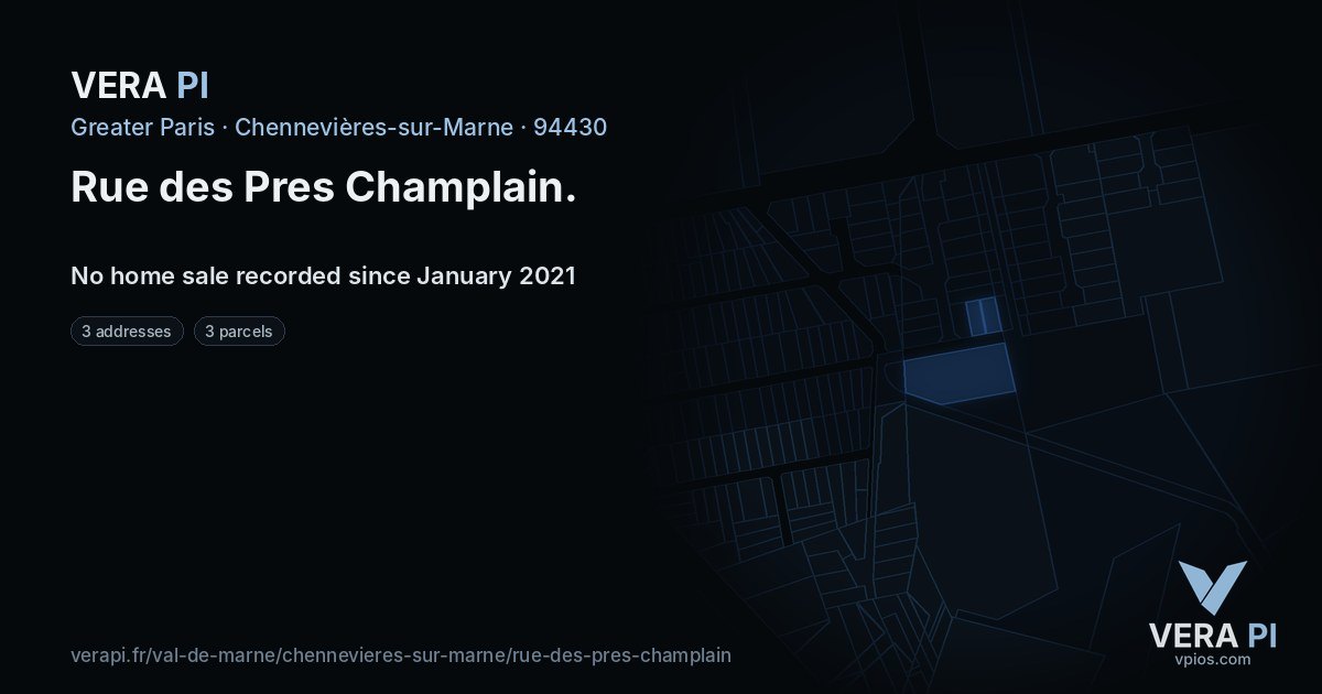 Rue des Pres Champlain, Chennevières-sur-Marne at night – every parcel coloured by the prices around it, the street's own parcels lit