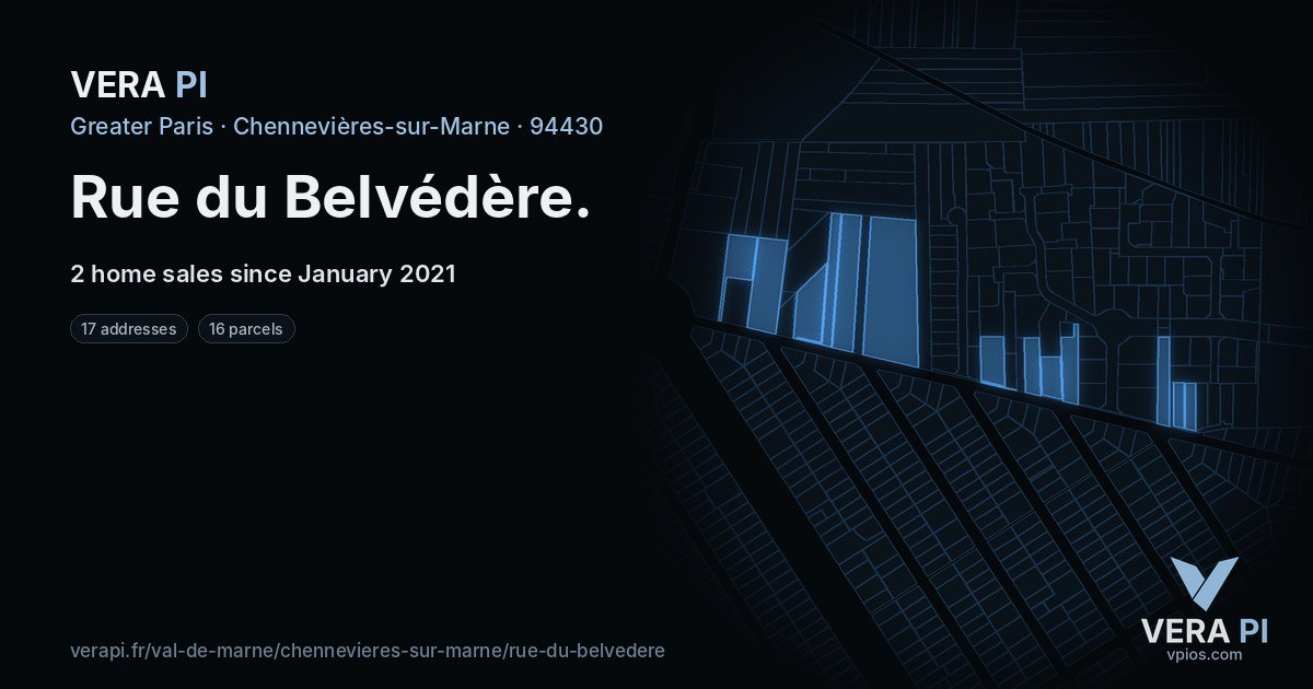 Rue du Belvédère, Chennevières-sur-Marne at night – every parcel coloured by the prices around it, the street's own parcels lit