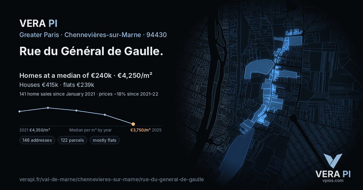 Rue du Général de Gaulle, Chennevières-sur-Marne at night – every parcel coloured by the prices around it, the street's own parcels lit