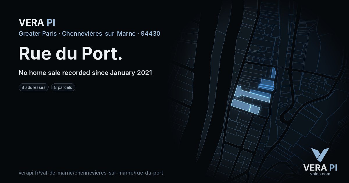 Rue du Port, Chennevières-sur-Marne at night – every parcel coloured by the prices around it, the street's own parcels lit