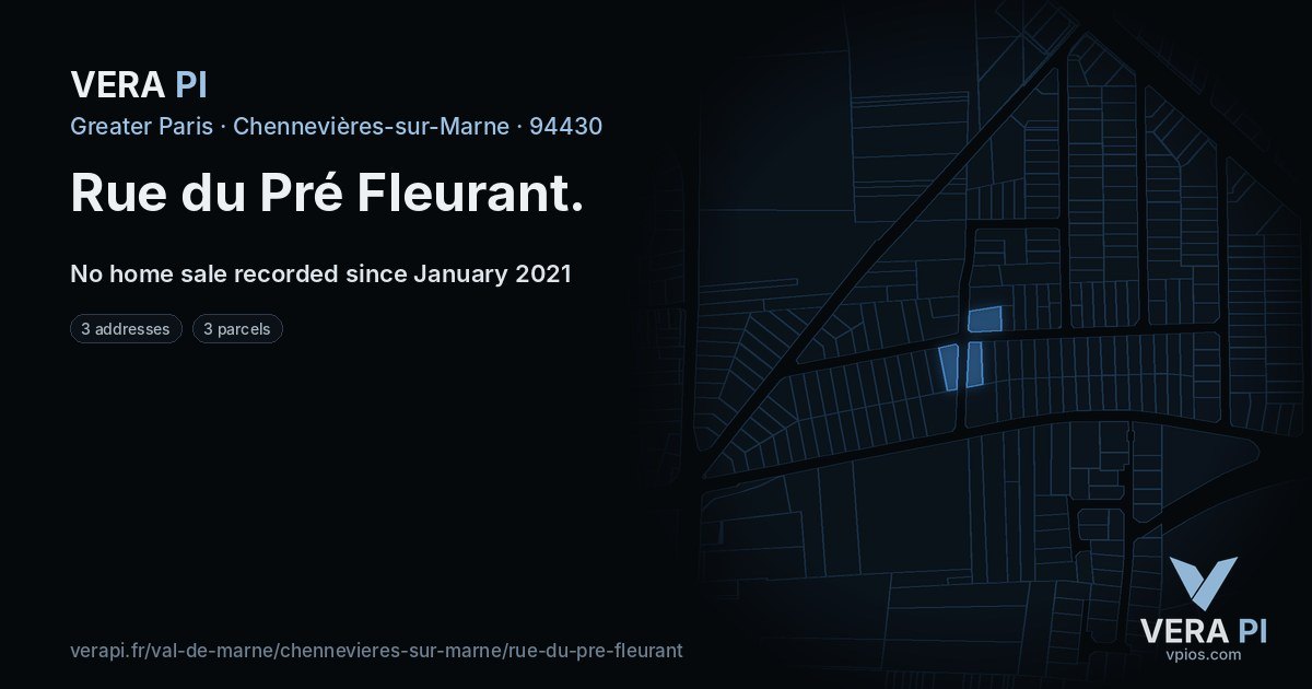 Rue du Pré Fleurant, Chennevières-sur-Marne at night – every parcel coloured by the prices around it, the street's own parcels lit