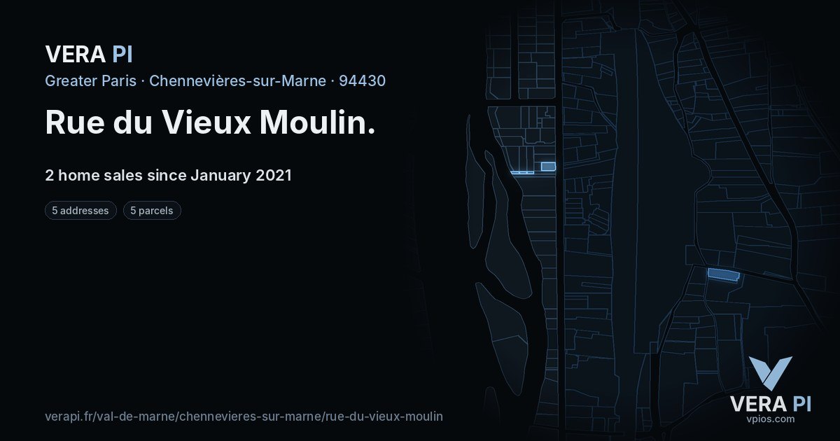 Rue du Vieux Moulin, Chennevières-sur-Marne at night – every parcel coloured by the prices around it, the street's own parcels lit