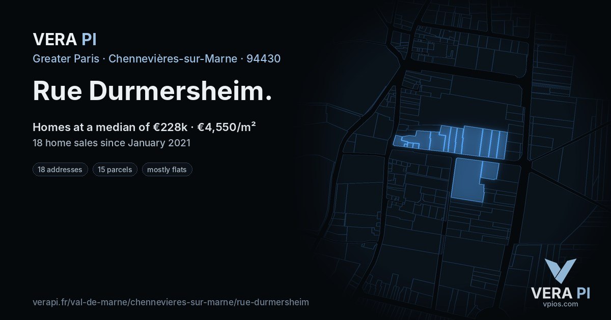 Rue Durmersheim, Chennevières-sur-Marne at night – every parcel coloured by the prices around it, the street's own parcels lit