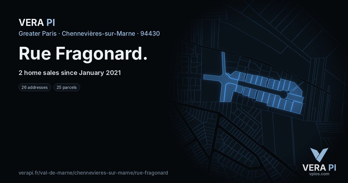 Rue Fragonard, Chennevières-sur-Marne at night – every parcel coloured by the prices around it, the street's own parcels lit