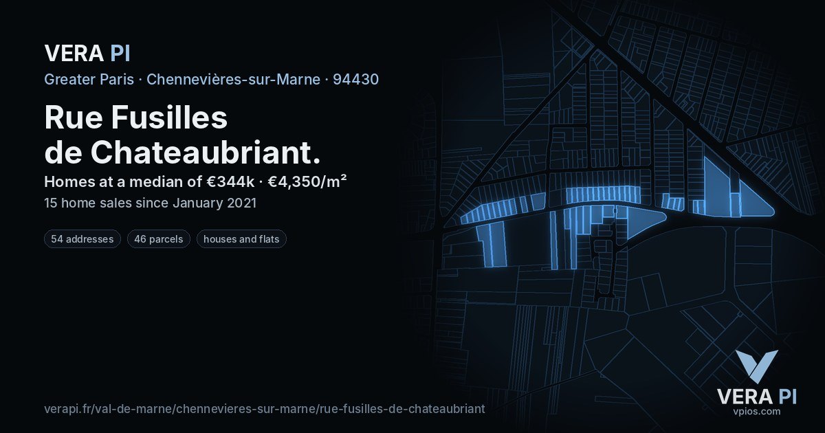 Rue Fusilles de Chateaubriant, Chennevières-sur-Marne at night – every parcel coloured by the prices around it, the street's own parcels lit
