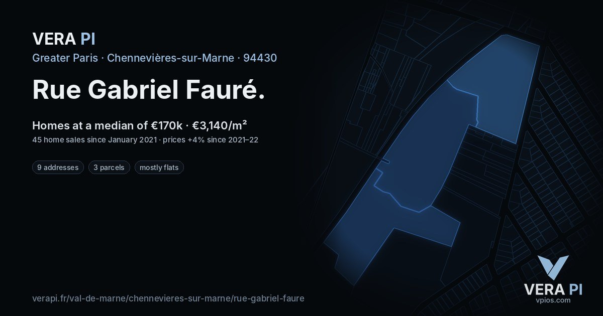 Rue Gabriel Fauré, Chennevières-sur-Marne at night – every parcel coloured by the prices around it, the street's own parcels lit