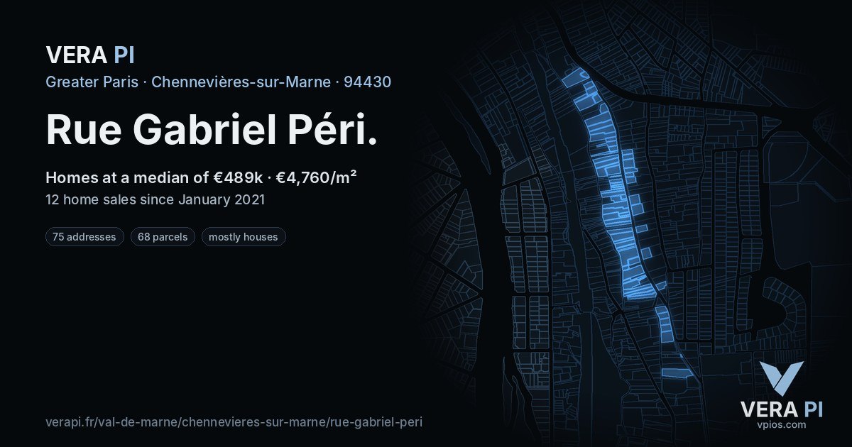 Rue Gabriel Péri, Chennevières-sur-Marne at night – every parcel coloured by the prices around it, the street's own parcels lit