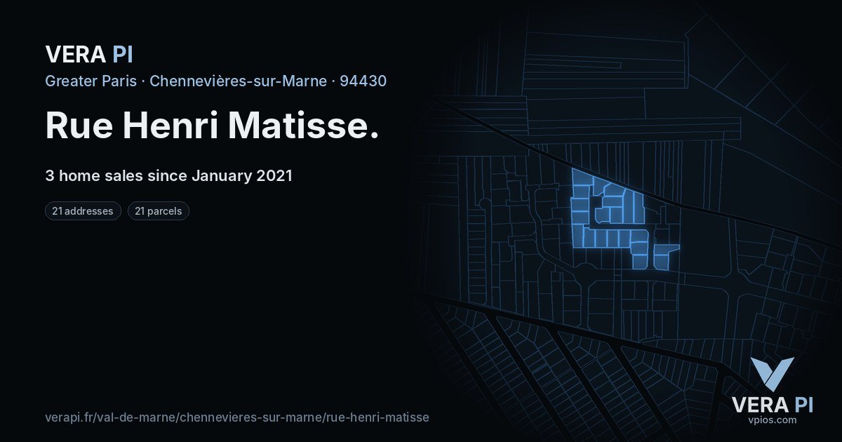 Rue Henri Matisse, Chennevières-sur-Marne at night – every parcel coloured by the prices around it, the street's own parcels lit