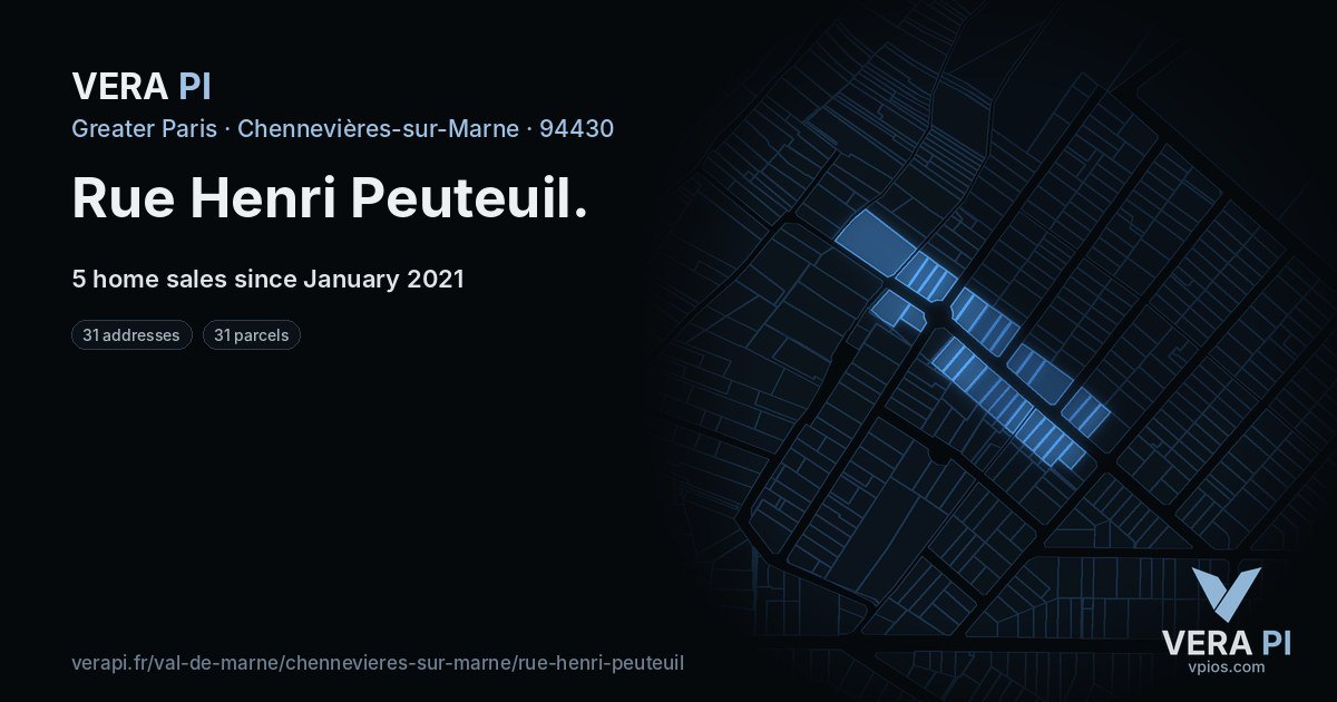 Rue Henri Peuteuil, Chennevières-sur-Marne at night – every parcel coloured by the prices around it, the street's own parcels lit