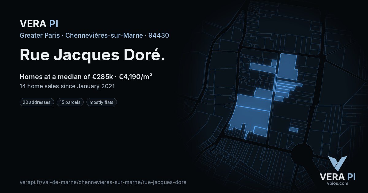 Rue Jacques Doré, Chennevières-sur-Marne at night – every parcel coloured by the prices around it, the street's own parcels lit