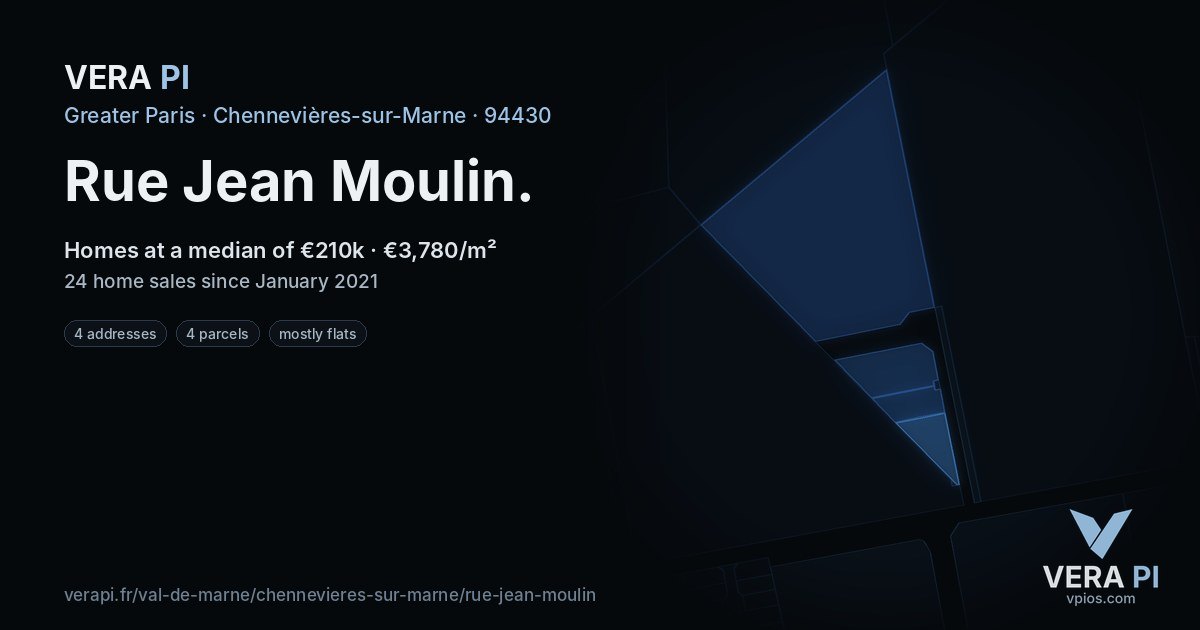 Rue Jean Moulin, Chennevières-sur-Marne at night – every parcel coloured by the prices around it, the street's own parcels lit