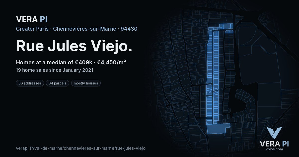 Rue Jules Viejo, Chennevières-sur-Marne at night – every parcel coloured by the prices around it, the street's own parcels lit